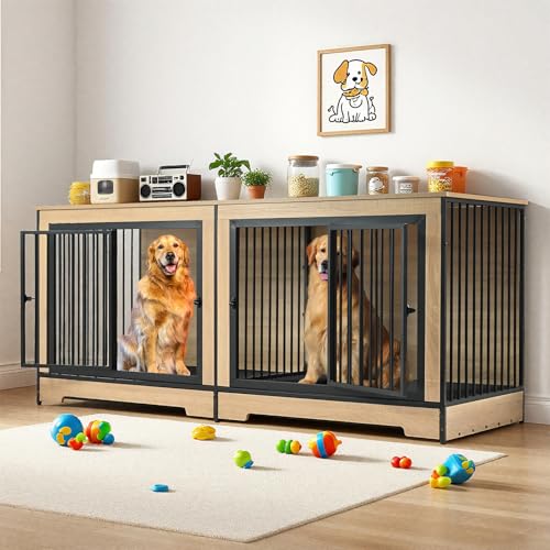 75’’ Double Dog Crate Furniture for 2 Dogs, Sturdy XXL Dog Crate Furniture with Removable Divider & Trays, Extra Large Dogs Kennel TV Stand for Living Room/Bedroom/Entryway