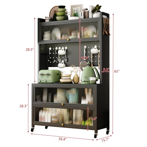 Kitchen Pantry Storage Cabinet with Microwave Space, Freestanding Coffee Bar Shelf Rolling Bakers Racks with 3 Doors for Hutch, Home, Office, Pantry, Garagestorage, White