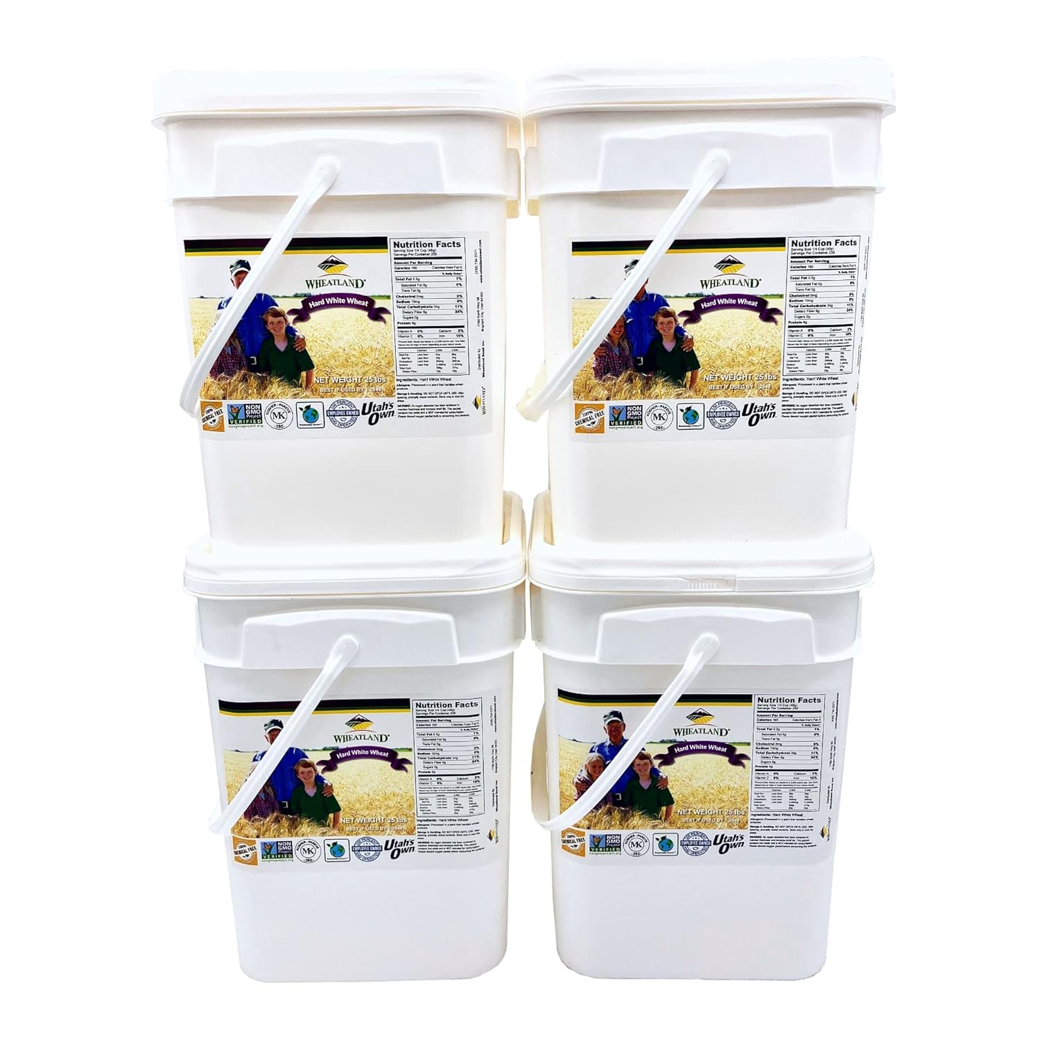 Wheatland™ Hard White Wheat Berries • Artisan Wheat • Four Buckets 25 lbs each, 100 lbs total • Farm Fresh • Lab Tested ISO 17025 Chemical Free • Non GMO • Never Irradiated • No Desiccants • High Trust Seller