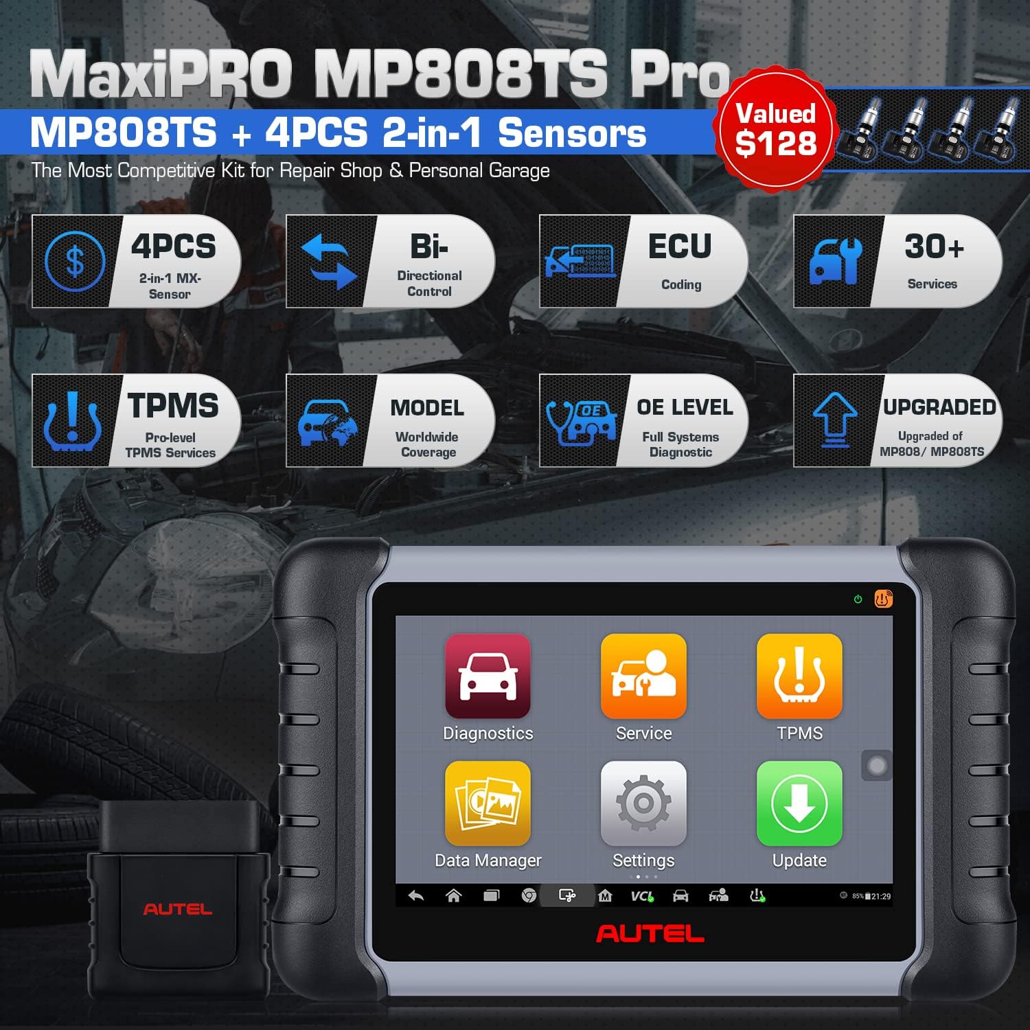 Autel Scanner MaxiPRO MP808TS Pro, [Valued $128] 4PCS 2in1 315/ 433Mhz Sensors, 2022 Newer Model of MP808TS/ MP808, Bi-Directional Diagnostic Scan Tool, TPMS Program/ Relearn/ Retrofit, 30+ Services