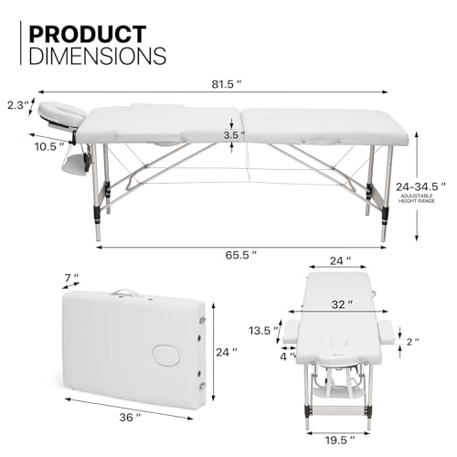 MoNiBloom Massage Table 2 Fold Portable Massage Table 82" Massage Bed Height Adjustable SPA Bed w/Carry Case Aluminum Alloy Frame Foldable Massage Table, Black