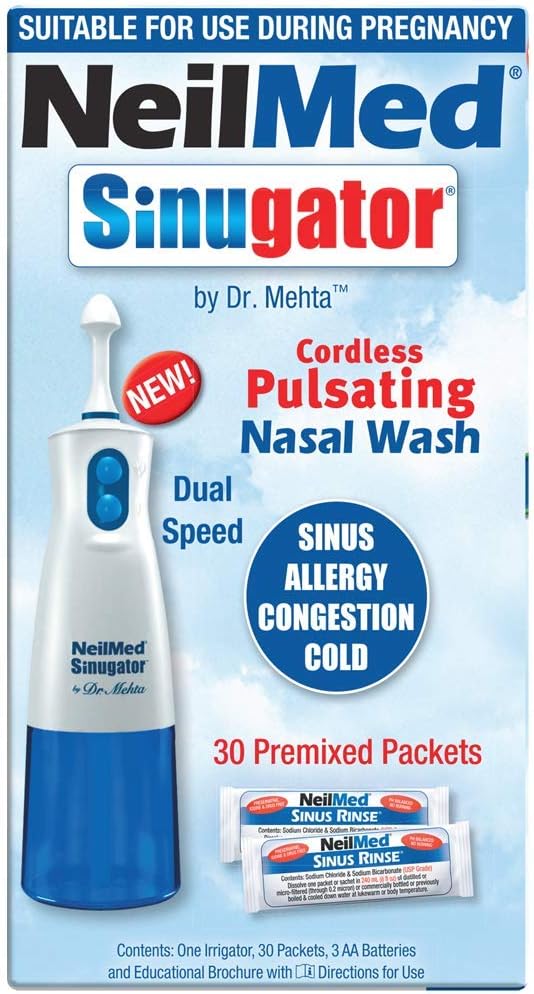 NeilMed Sinugator Cordless Pulsating Nasal Wash Kit with One Irrigator, 30 Premixed Packets and 3 AA Batteries