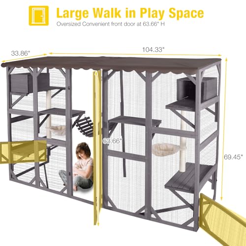 Aivituvin Catio Outdoor Cat Enclosure Window Large Cat Patio 3 Tiers with 6 Platforms and 2 Scratching Posts for Cats House 104" L