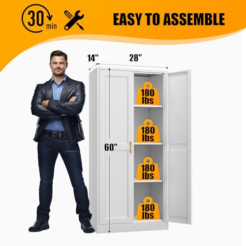 71" Tall Metal Storage Cabinet, Kitchen Pantry Storage Cabinets with Doors and 4 Shelves, White Pantry Cabinet, Utility Kitchen Cupboard, Large Steel Cabinets for Dining Room, Office, Living Room