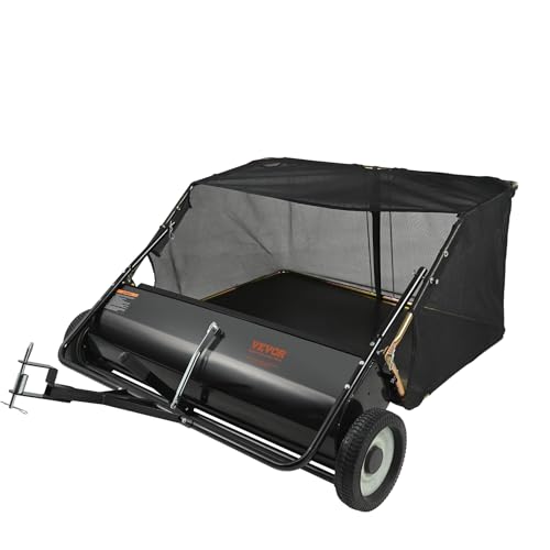 VEVOR Tow Behind Lawn Sweeper 44 Inch, 25 cu. ft Large Capacity Heavy Duty Leaf & Grass Collector with Adjustable Sweeping Height, Dumping Rope Design for Picking Up Debris and Grass