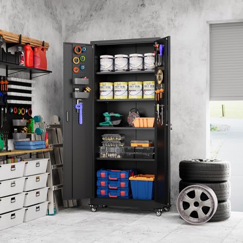 Aobabo Garage Storage Cabinet with Wheels,72" H Metal Storage Cabinet with 2 Doors and 4 Adjustable Shelves for Garage Home, Black,Required-Assembly