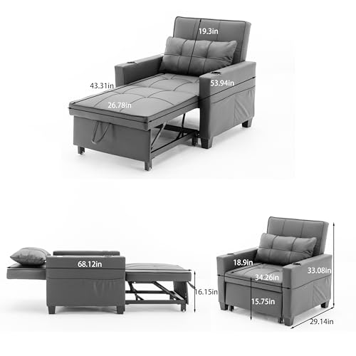 INMOZATA Convertible Sofa Bed Chair with Cup Holder, USB Port, 3-in-1 Sofa Chair Bed with Adjustable Backrest, Cat-Scratch Leather Sleeper Chair, Futon Chair Bed for Living Room, Bedroom, Blue