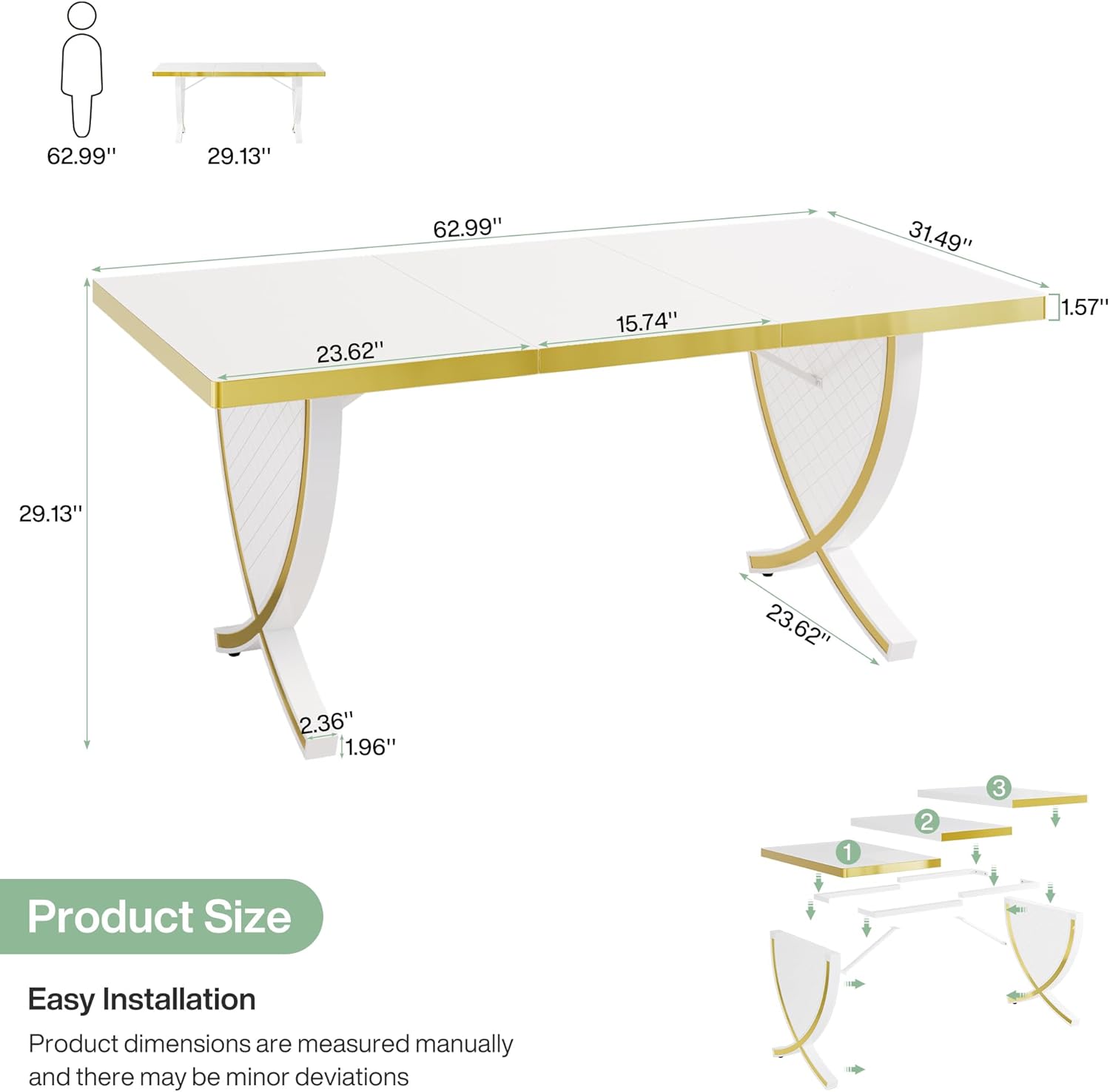 Tribesigns 63" Modern Executive Desk, Large Office Desk with Thickened Frame, Glossy Computer Desk Writing Desk Study Table for Home Office, White & Gold