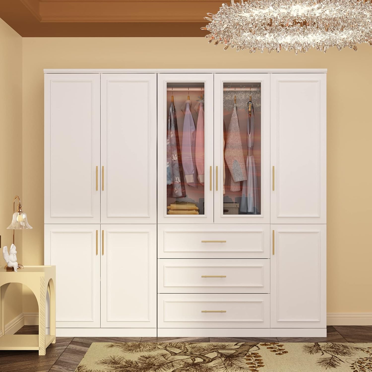 ECACAD Extra Wide Wardrobe Armoire with 8 Doors, Drawers, Storage Shelves & Hanging Rods, Wooden Closet Storage Cabinet for Bedroom, White (79.1”W x 19.3”D x 74.8”H)