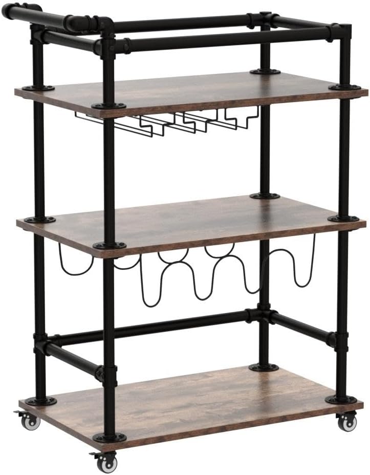 AA Products Inc. Industrial Bar Cart for Home, 3-Tier Bar Serving Cart with Wheels, Lockable Casters, Beverage Cart with Wine Rack and Glass Holder