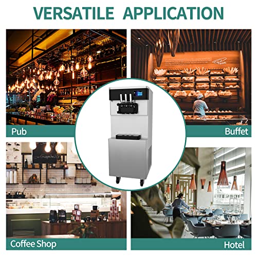 Commercial Ice Cream Maker Machine - 3 Flavors Soft Serve Ice Cream Machine, 5.3 to 7.4 Gallons Per Hour, Auto Clean LED Panel, for Bars, Restaurants and Other Establishments