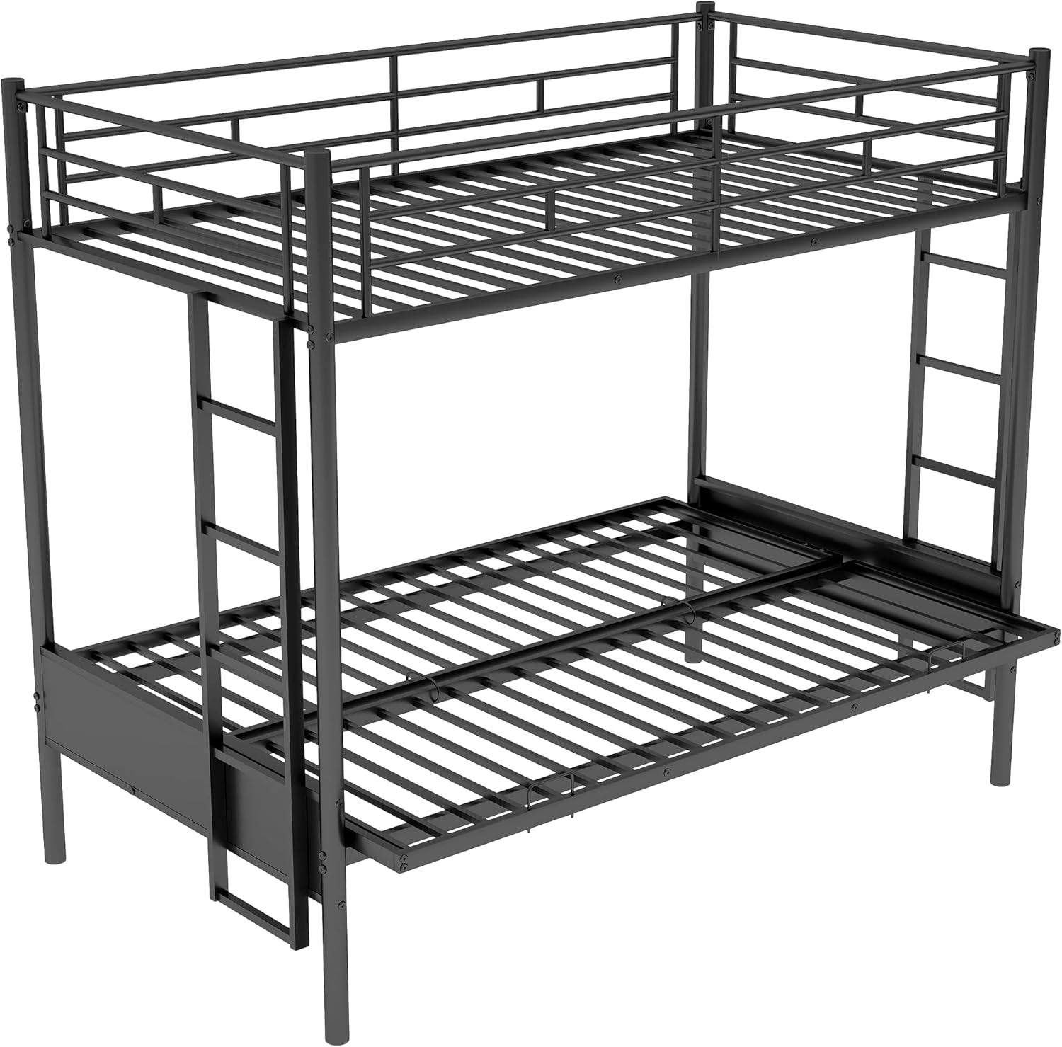 Twin Over Futon/Full Bunk Bed, Convertible Couch and Bed, Heavy Duty Metal Frame with 2 Side Ladders and Guardrail for Kids/Teens/Adults, Black
