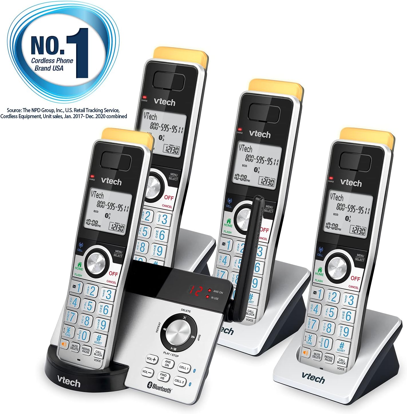 VTECH IS8121-4 Super Long Range up to 2300 Feet DECT 6.0 Bluetooth 4 Handset Cordless Phone for Home with Answering Machine, Call Blocking, Connect to Cell, Intercom and Expandable to 5 Handsets