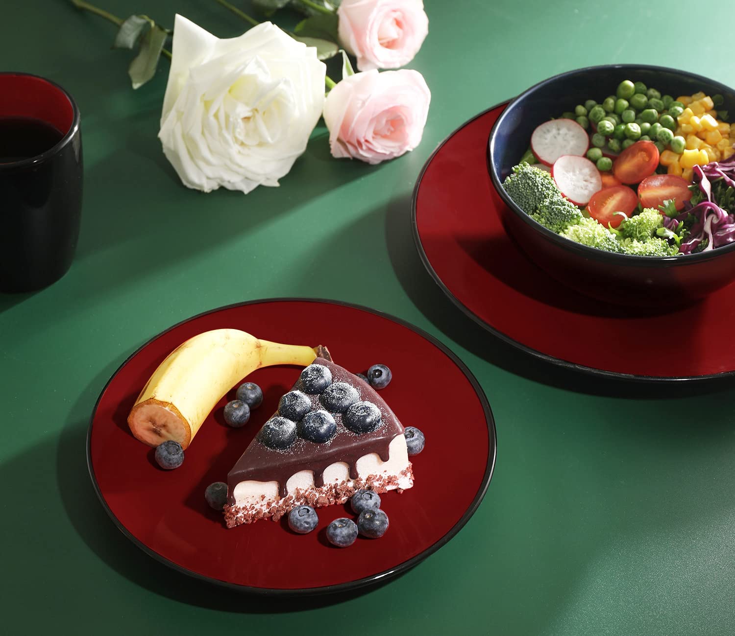 16 Piece Square Kitchen Dinnerware Set,Plates and Bowls sets,Dishes, Dinner Plates, Cereal Bowls Set，Bowls, Mugs, Dish Set，Plates and Bowls,Service for 4, Stoneware Dinnerware,Red and Black