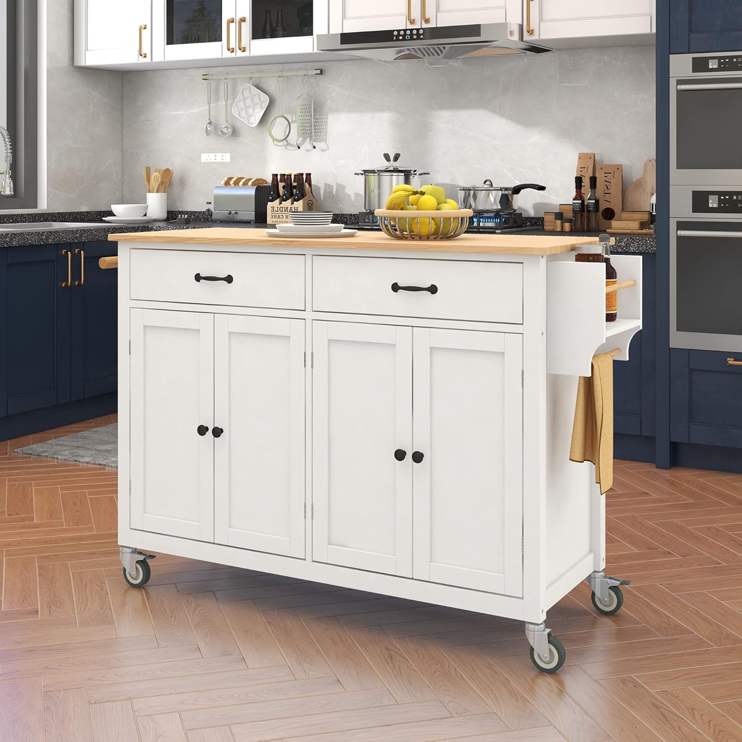 LUMISOL Rolling Kitchen Island Cart with Solid Wood Top for Kitchen, Mobile Storage Cart on Wheels with 2 Drawers and 4 Door Cabinet, White