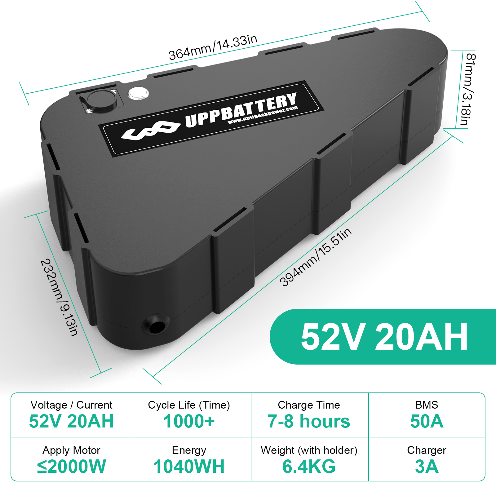 BVSLTUK 52 Volt Ebike Battery 20AH Lithium Battery Pack for  200W-2000W Bafang Aw Ancheer Voilamart and Other Motors Triangle Electric Bike Battery(with charger).