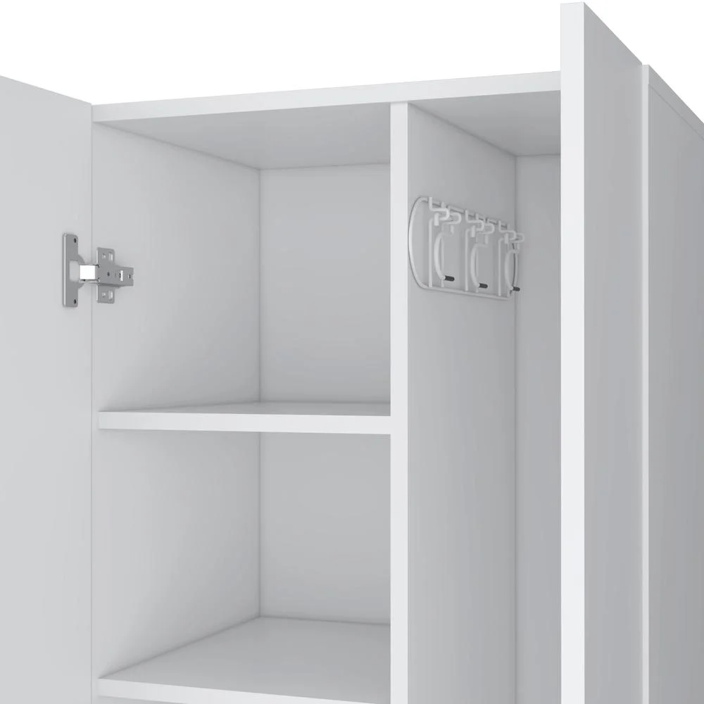 Depot E-Shop Broom Cabinet Double-Door Design with Inner Shelves and Side Hangers, White