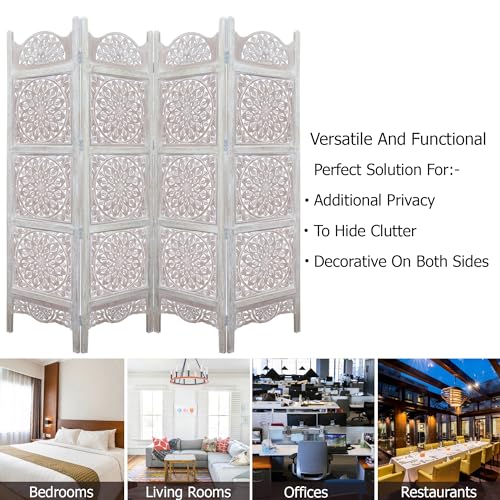 Room Divider Wood Screen - Ghanti Bells Antique Brown - 4 Panel Folding 72 x 80 - Assembled Hand Carved Decorative Functional Versatile Portable Partition Reversible Privacy Boho - COTTON CRAFT