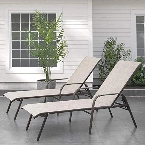 Crestlive Products  Outdoor Adjustable Chaise Lounge Chairs (Set of 2) Beige Fabric, Brown Frame