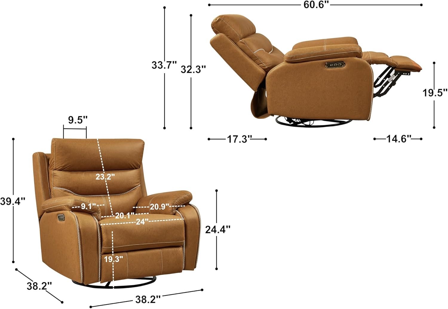 38" Dual Motor Rocking and 240 Degree Swivel Single Sofa Recliner Chair for Elderly, Power Headrest, Living Room Lazy Boy Lounge w/One-Key Reset Button and USB Charging (Yellow Brown)