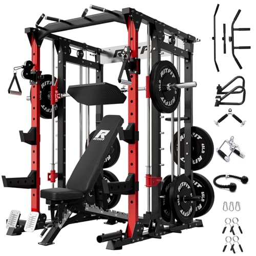 RitFit Buffalo Smith Machine, Power cage with LAT-Pull Down System & Cable Crossover System, All-in-One Squat Rack for Home Gym, Power Rack