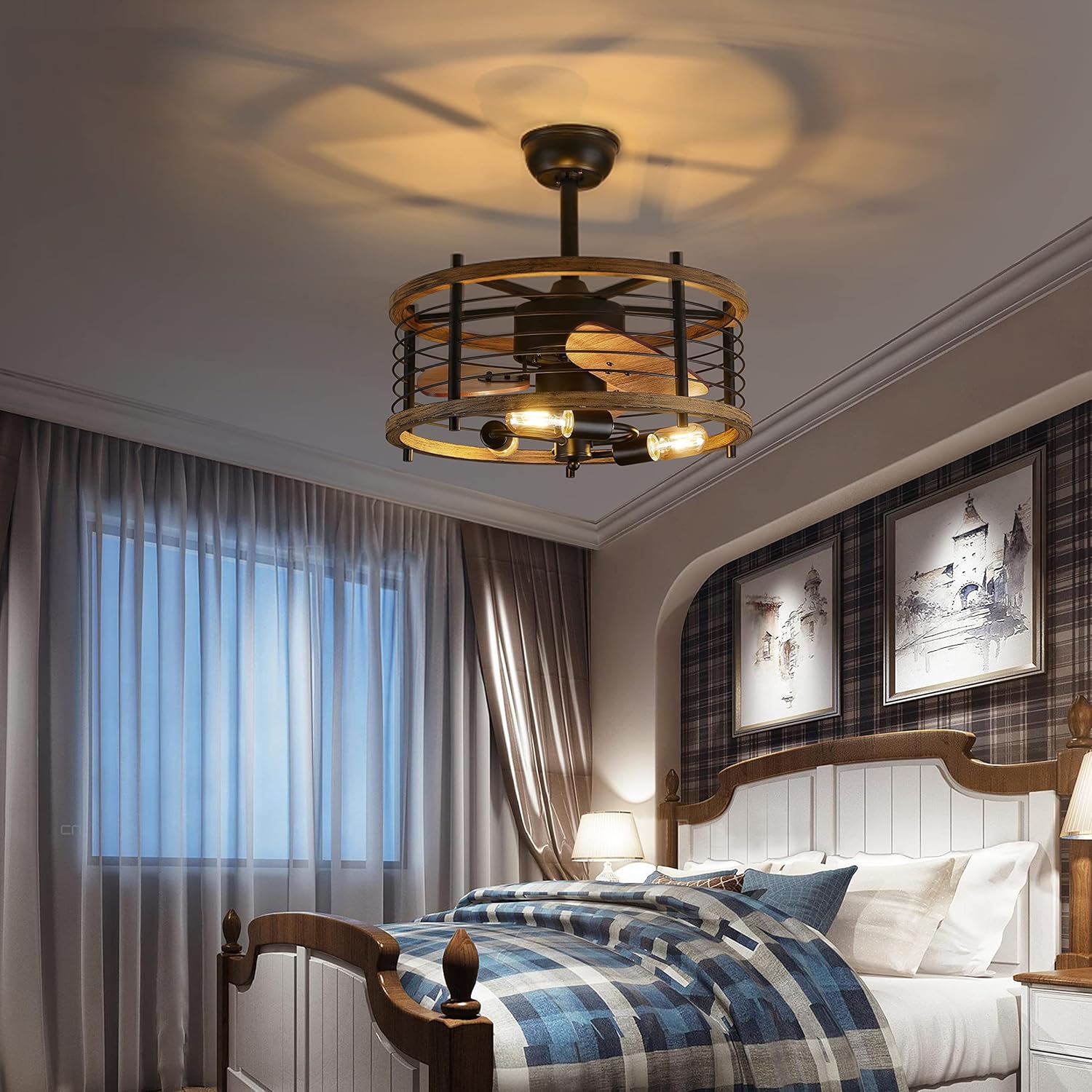 20-inch Industrial Caged Ceiling Fan with Lights Remote Control, Reversible,Modern Enclosed Bladeless Ceiling Fan Indoor, Rustic Vintage Metal Cage Fandelier Ceiling Fan (Mesh,Bulbs Included)
