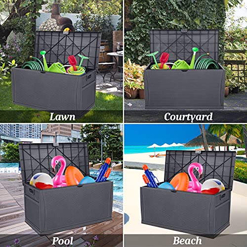 VINGLI 120 Gallon Large Deck Box Outdoor Storage Box with Lid, Plastic Patio Furniture Container Bin Rattan Grain Surface for Cushions Books Garden Tools Pool Accessories (Grey)
