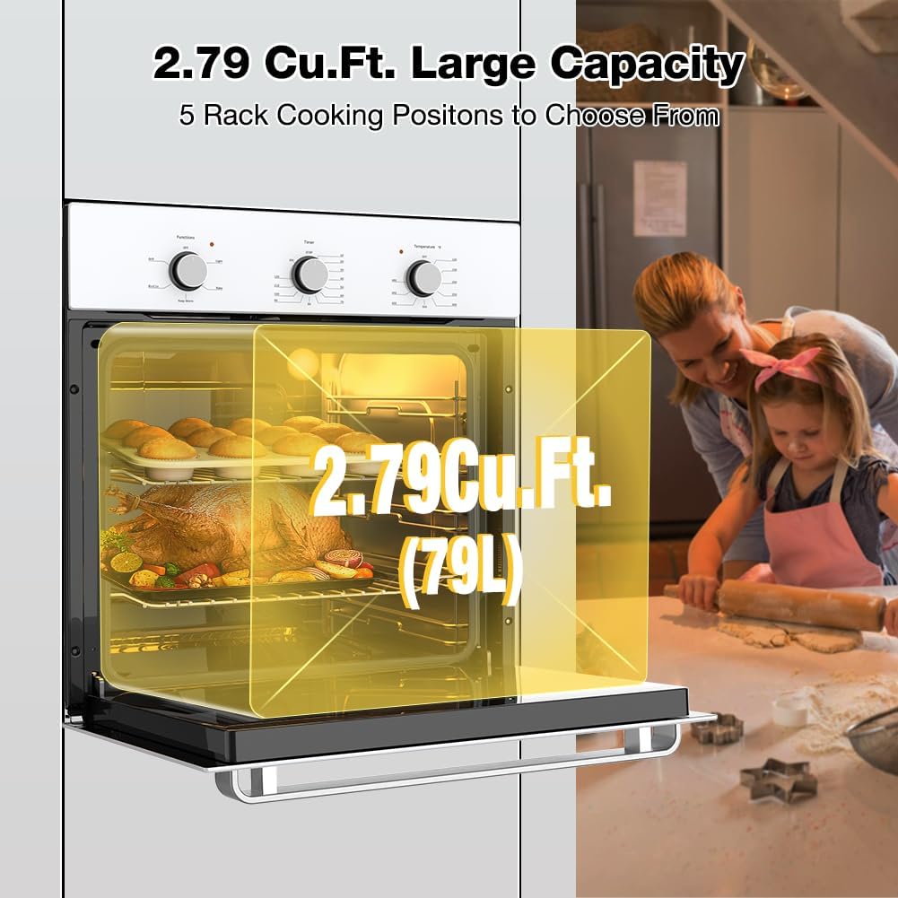 24" Single Wall Oven, thermomate 2.79 Cu.ft. Electric Wall Oven with 5 Cooking Functions, 2200W White Built-in Ovens with Mechanical Knobs Control, ETL Certified