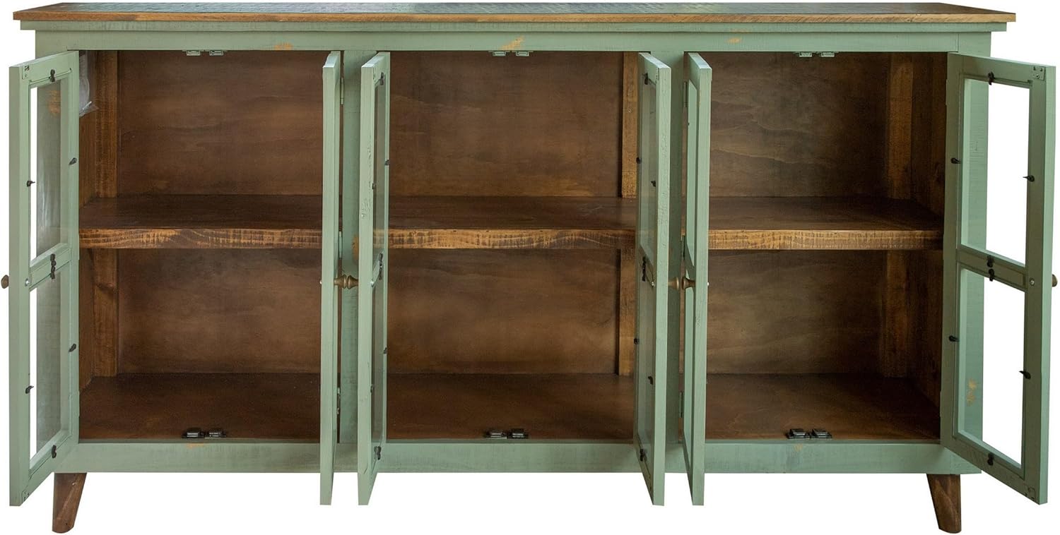 Benjara Lina 72 Inch Sideboard Buffet Cabinet, 3 Glass Doors, Sage Green, Pine