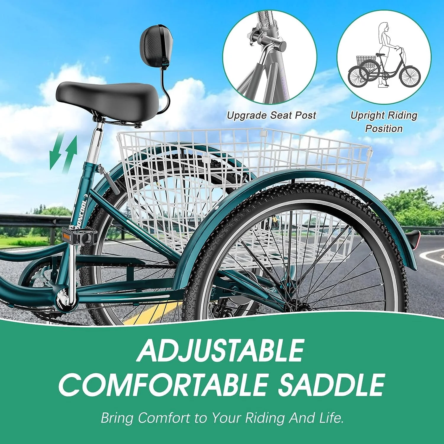FICISOG 26 Adult Tricycle, 3 Wheel 7 Speed Bikes,450lbs Capacity Cruise Trike with Shopping Basket