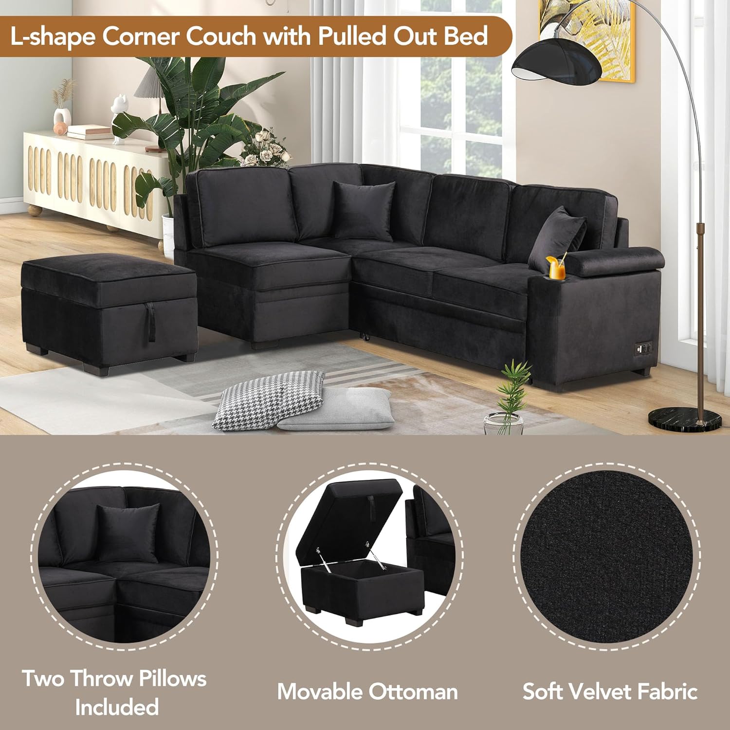 87.4'' Sleeper Sofa Bed,2 in 1 Pull Out Sofa Bed L Shape Couch with Storage Ottoman for Living Room,Bedroom Couch and Small Apartment, Black