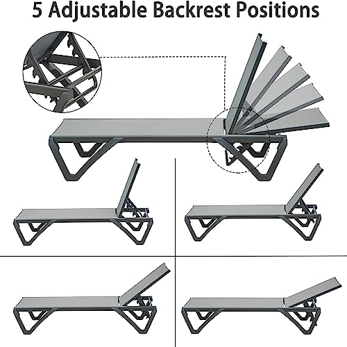 Patio Chaise Lounge Chair Set of 3,Outdoor Aluminum Polypropylene Sunbathing Chair with 5 Adjust Position,Side T for Beach,Yard,Balcony,Poolside(Grey,2 Lounge Chair+1 T) Patio Furniture & Accessories