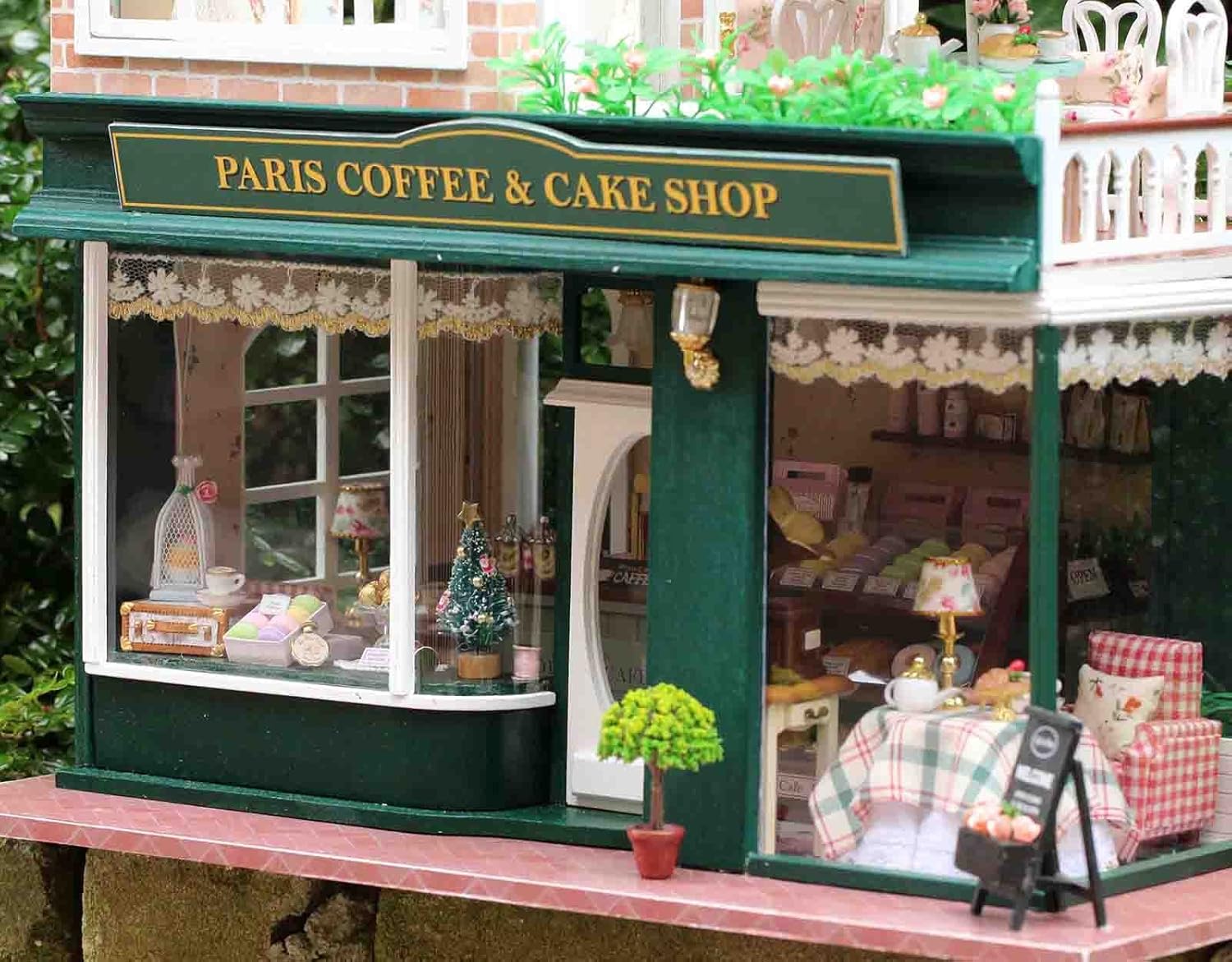 Ogrmar Wooden Dollhouse Miniatures DIY House Kit with Led Light and Dust Cover-Paris Coffee & Cake Shop