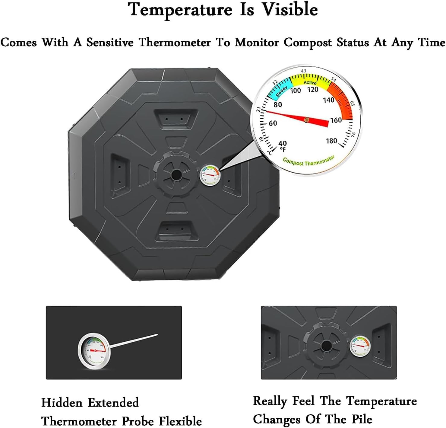 Outdoor Compost Bin, 160L Tumbling Compost Bin Outdoor Dual Chamber 360° Rotating Composter with Thermometer and Dual Chamber Sliding Doors, for Fast Creation of Fertile Soil