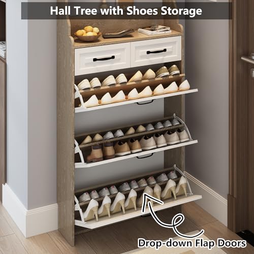 Betoko Hall Tree with Shoes Storage,Farmhouse Entryway Coat Rack Wooden Hallway Mudroom Tree Bench Corner Tree Cabinet with 5 Coat Hooks & 2 Shoes Cabinets and Open Shelf(Rustic White)