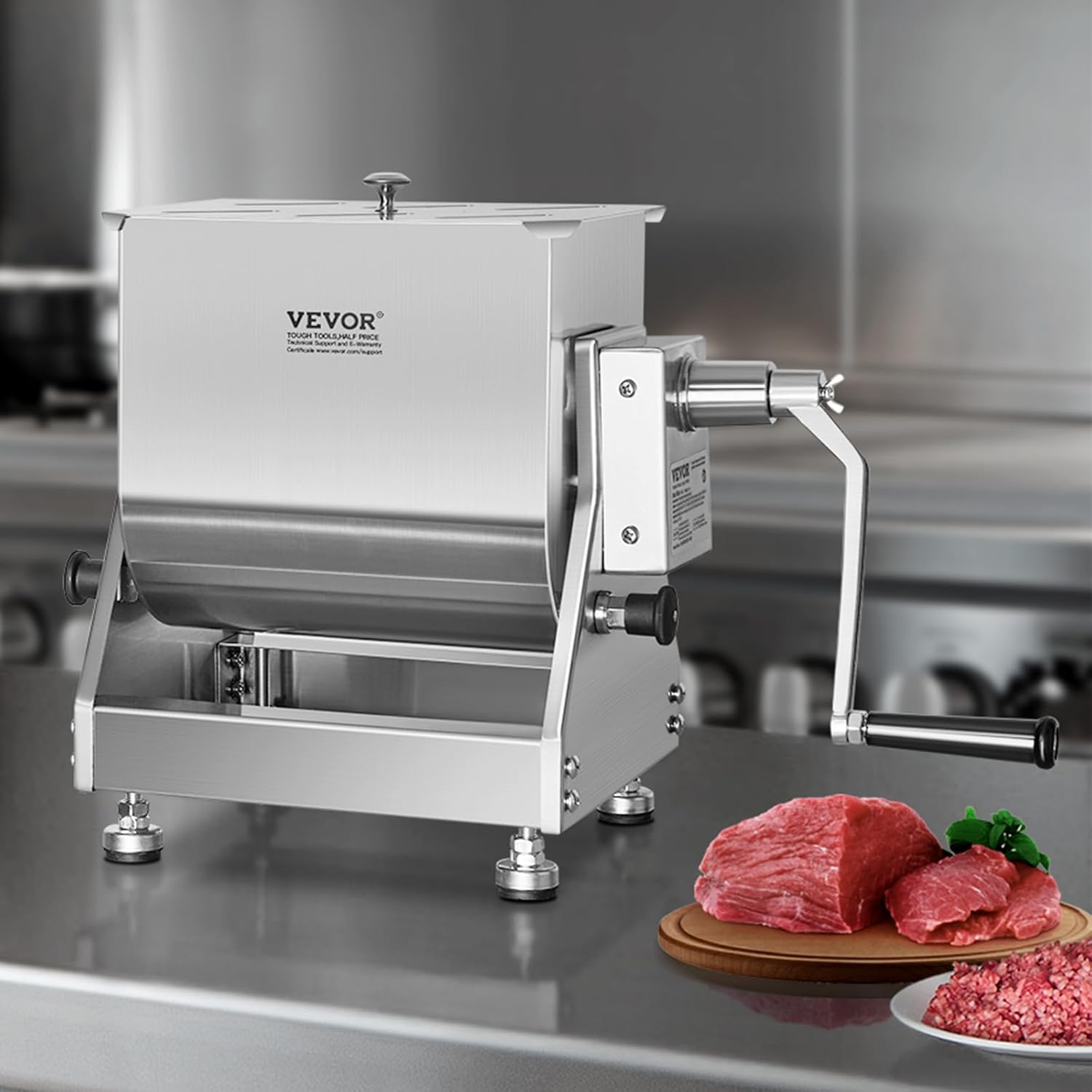 VEVOR Manual Meat Mixer, 30 Pound Capacity Tilt Tank Meat Mixer, Stainless Steel Meat Processing Equipment, Sausage Mixer Machine with Lid and Handle, Ground Beef Hand Mixer, Silver