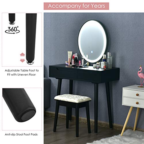 AUGESTER Vanity Set w/Screen Touch Mirror, Makeup Dressing Table w/ 3 Modes Adjustable Brightness Mirror, Cushioned Stool, 2 Sliding Drawers w/Divider, Modern Bedroom Vanity for Girls Women (White)