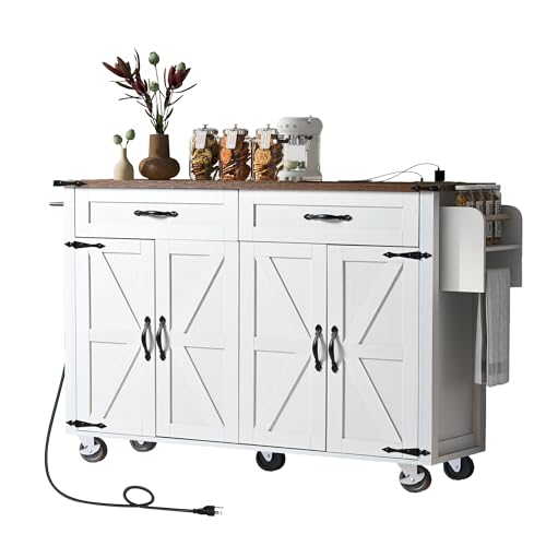 Kitchen Island with Storage, Rolling Kitchen Island Cart On Wheels with Power Outlet & Drop Leaf Countertop, Mobile Island Table for Kitchen with 2 Drawers 2 Cabinet, Spice Rack, Towel Rack, Black