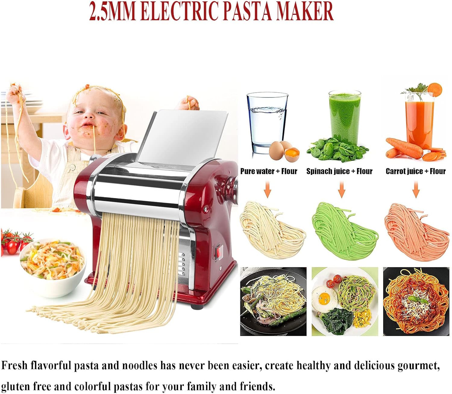 Electric Pasta Maker, Household Noodle Making Machine Dough Spaghetti Roller Pressing Machine with 2.5mm Noodle Cutter, Stainless Steel, 135W 5Kg/H Output for Commercial & Homemade Use