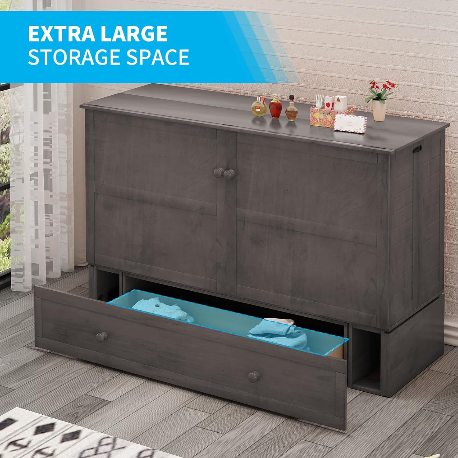 MUZZ Queen Size Cabinet Murphy Bed, Murphy Bed with Foldable Foam Mattress, Space-Saving Cube Murphy Bed with Charging Station and Large Storage Drawer (Grey)