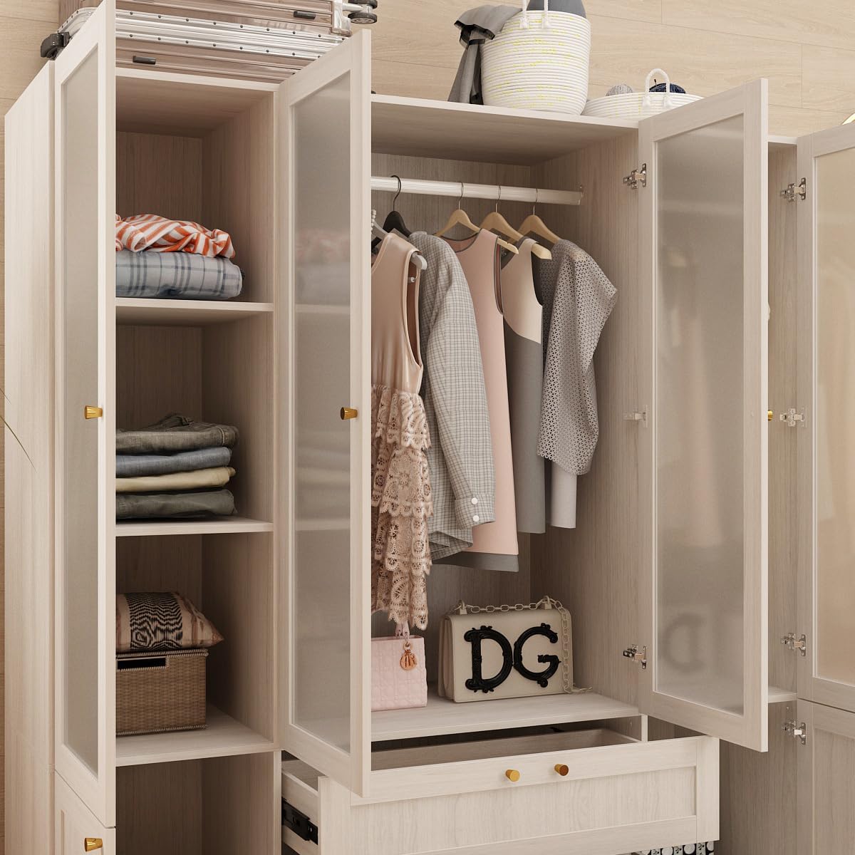 Homsee Armoire Wardrobe Closet with 4 Frosted Glass Doors, Hanging Bars, Shelves & Drawers, Wooden Closet Storage Cabinet for Bedroom, Warm Grey (63”L x 19.7”W x 70.9”H)