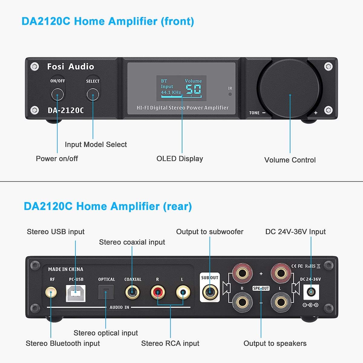 Fosi Audio DA2120C Bluetooth 5.0 Amplifier 240W Stereo Hi-Fi 2.1 Channel Stream aptX 24Bit 192kHz Class D Compact Mini Power Amp Integrated USB DAC Coaxial Optical Support Subwoofer Remote