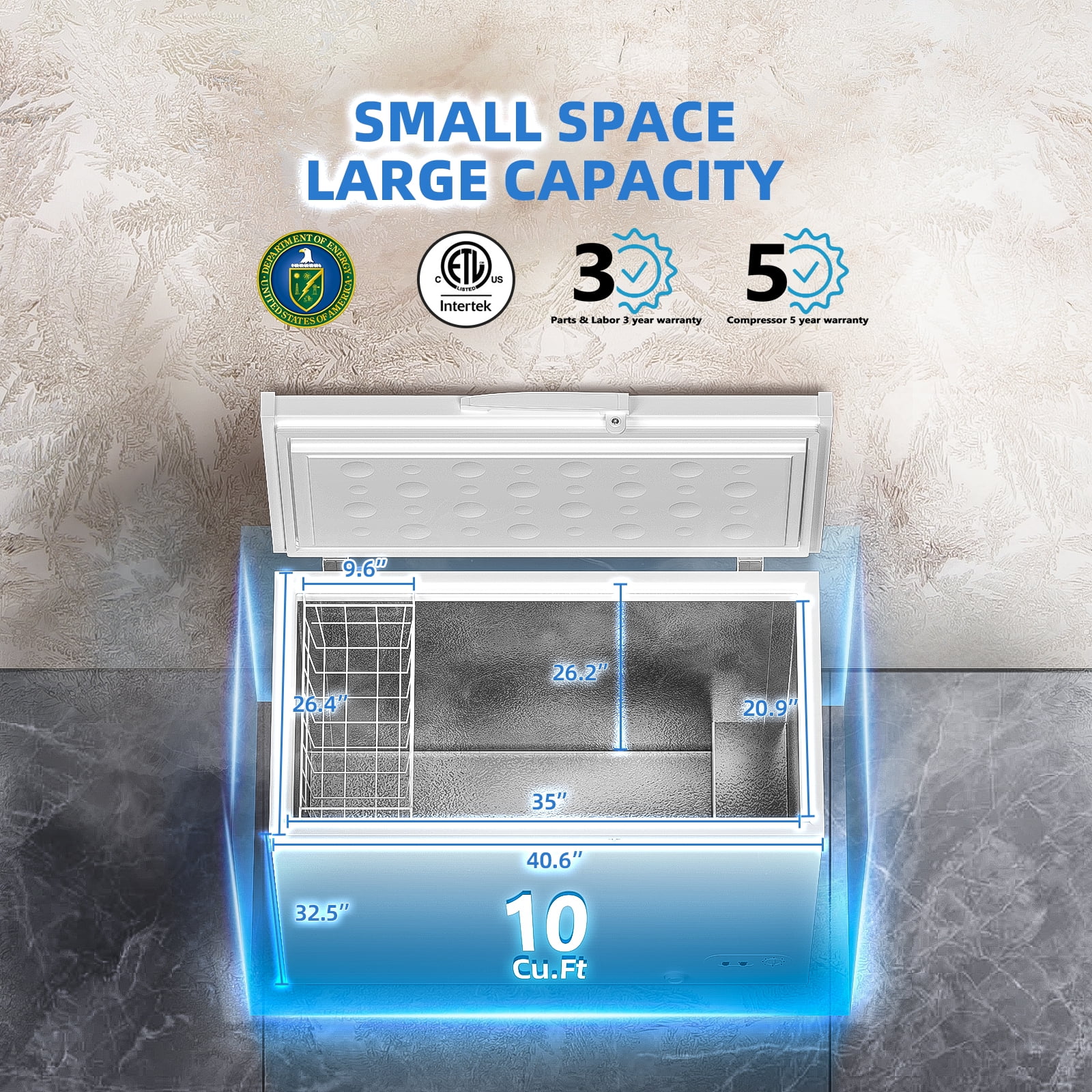 Hoccot Chest Freezer 10 Cu.Ft. 1 Removable Basket Deep Small Compact Freezer Top Door 7 Temperature Control from -13℉-14℉ Energy Saving White