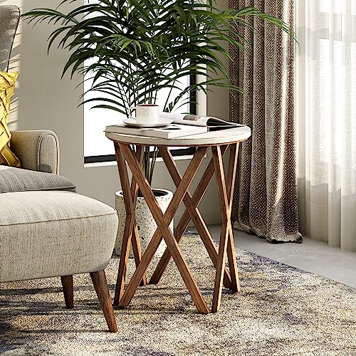 Pedestal Farmhouse End Table Set of 2, Distressed White Top with 4-Legs Base for Modern Farmhouse, Boho Decor, Round