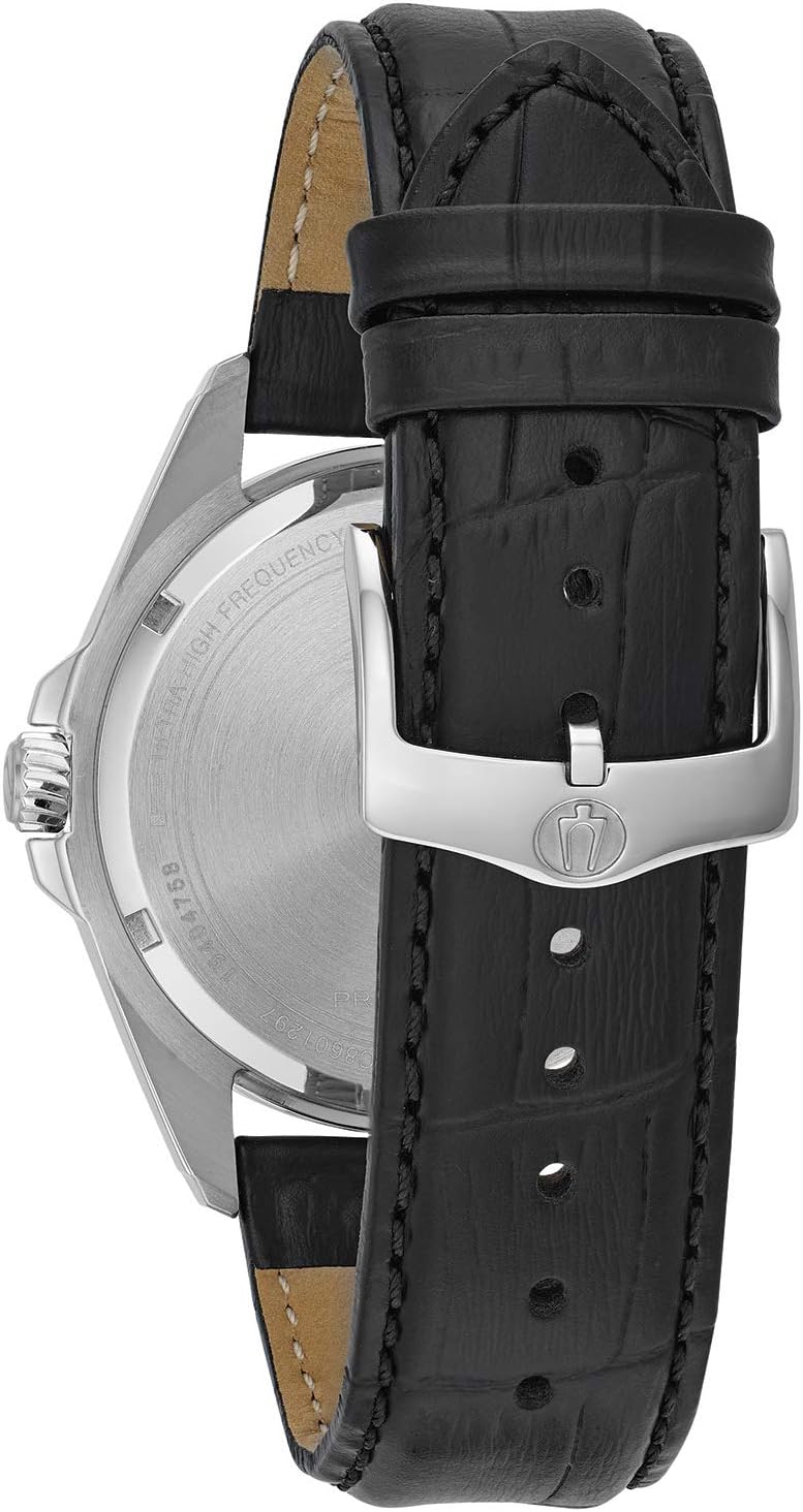 Bulova Men's Precisionist 3-Hand Calendar Stainless Steel with Black Leather Strap and Blue Dial Style: 96B257