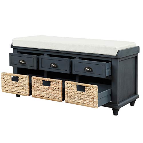 Wood Shoe Storage Benches with Cushion, Removable 2 Drawers for Entryway Livingroom Mudroom, Navy, 1 Rattan Baskets