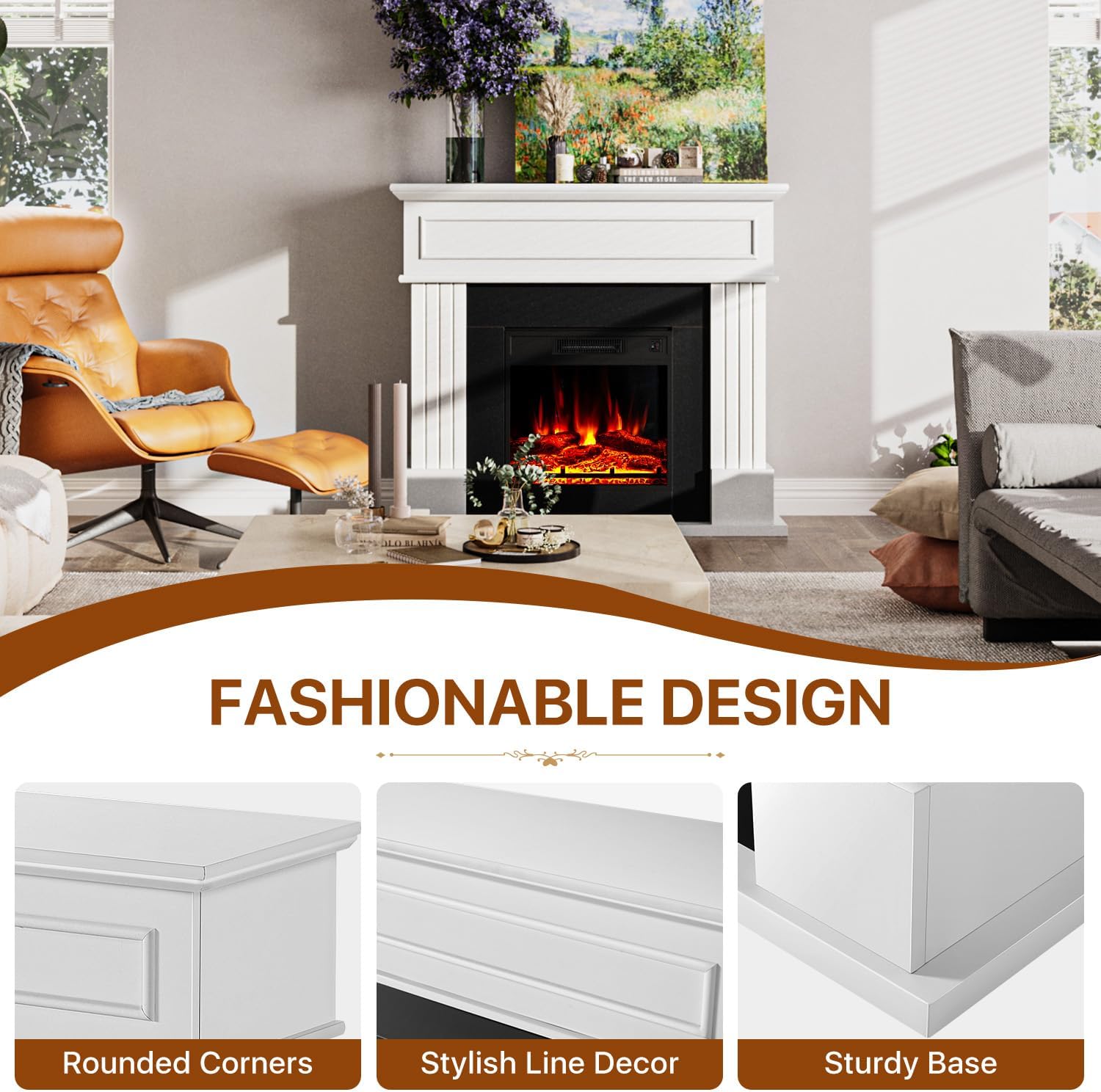 Electric Fireplace with 43" Mantel, 18 inchs Electric Fireplace Insert, Freestanding TV Stand with Fireplace Heater, Faux Log & Led Flames, 1500W Fireplace for Living Room