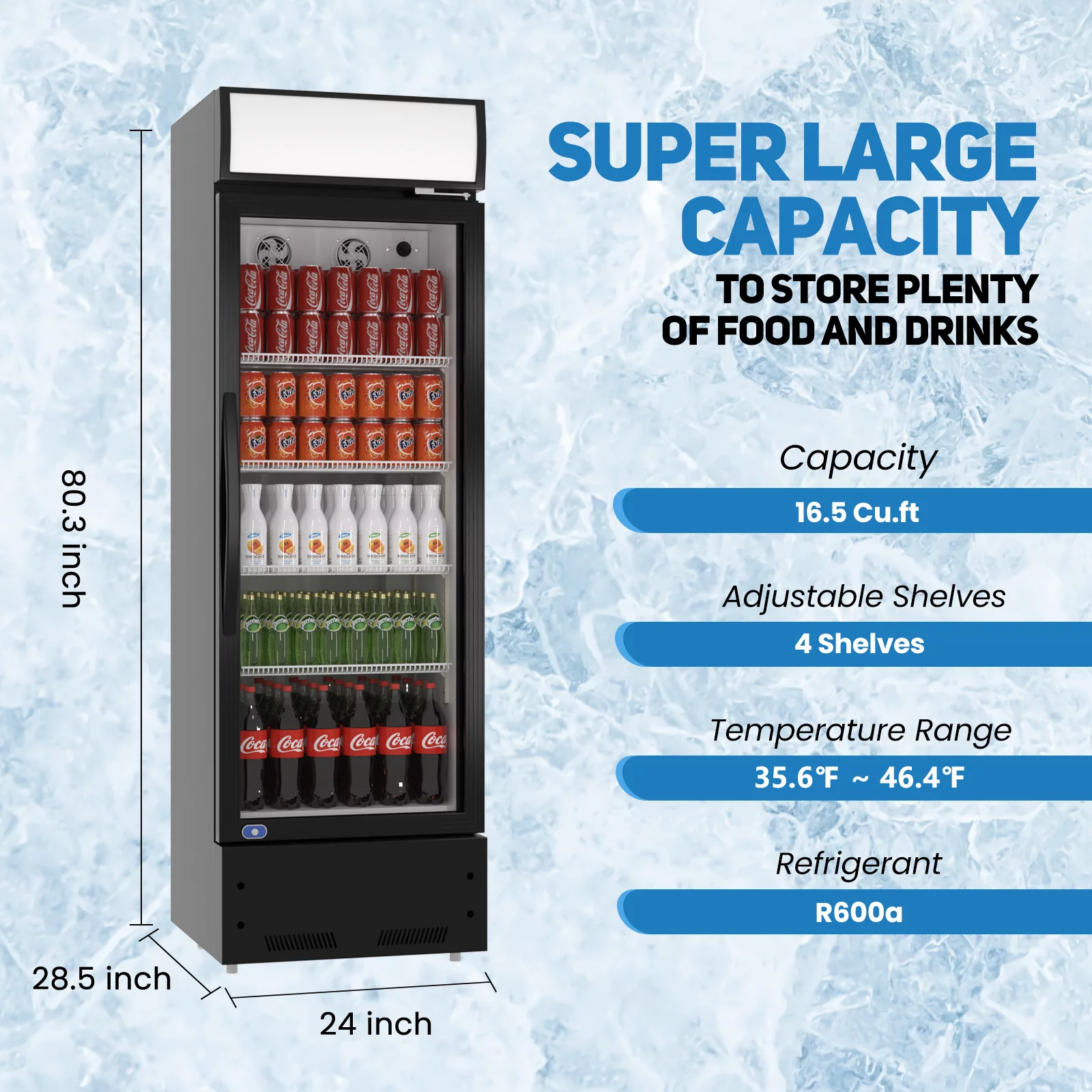 Chingoo 24" Commercial Drink Refrigerator with Glass Door, 16.5 Cu.ft Upright Beverage Refrigerator with Adjustable Shelves-Black
