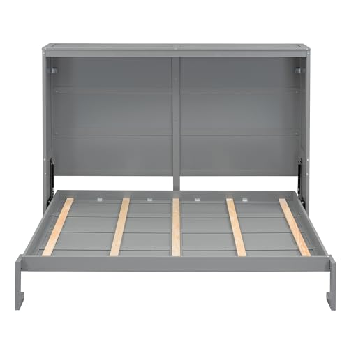Harper & Bright Designs Queen Size Murphy Bed Wall Bed with Storage Shelves, Wardrobe and LED Lights, Space-Saving for Multipurpose Guest Room or Home Office, Gray