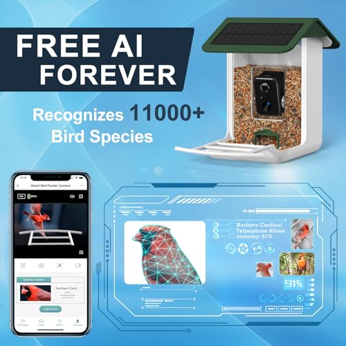 Smart Bird Feeder Camera, Free AI Forever, 32G TF Card & 1080P HD Camera Auto Capture Bird Videos & Solar Panel, App Notify When Birds Detected, Bird House with Built-in Two-Way Microphone